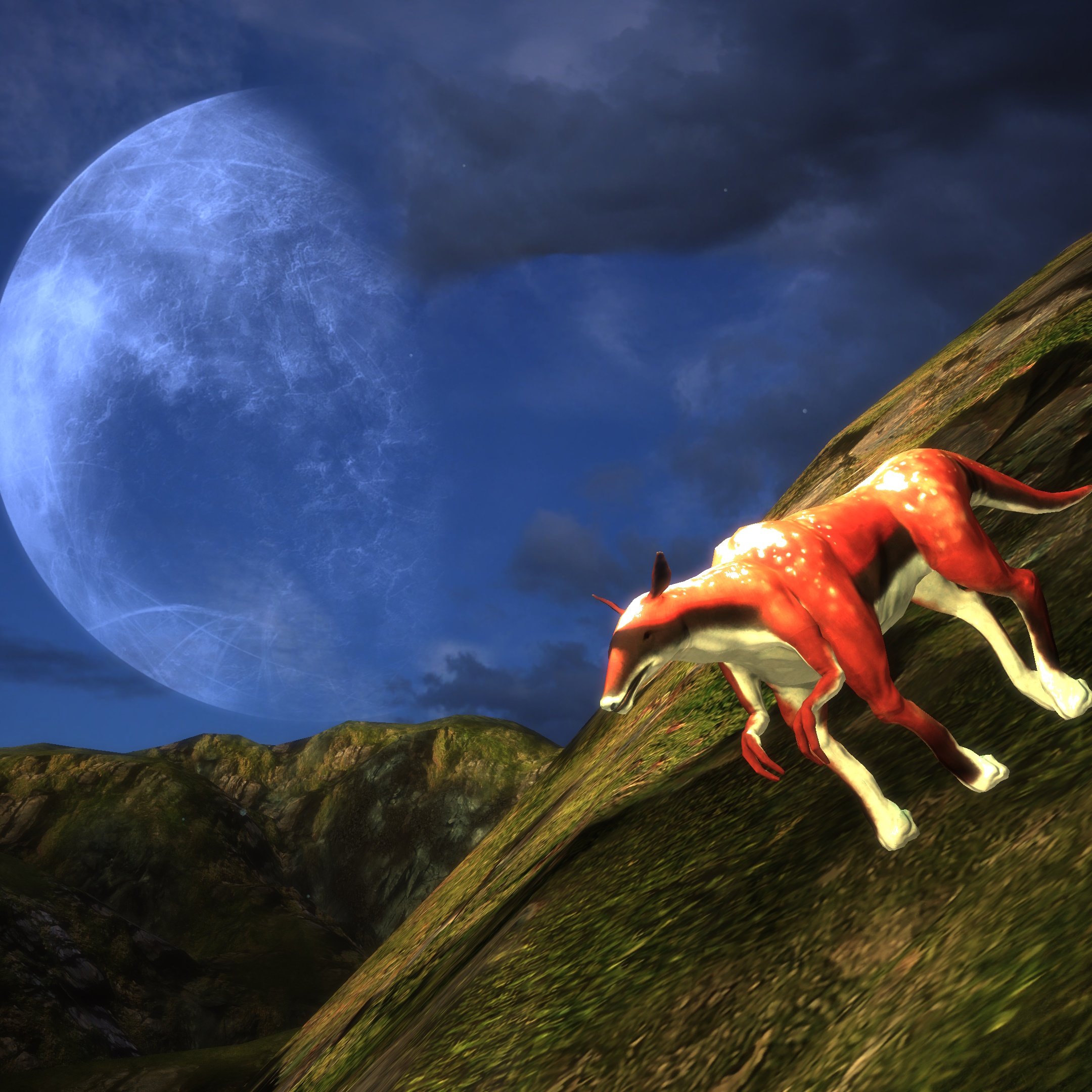 A screenshot from Mass Effect 1 shows the shiftiest space cow you ever did see on a green hill with a moon silhouetted in the sky. It will steal your credits with its long orange tentacle-like hands.