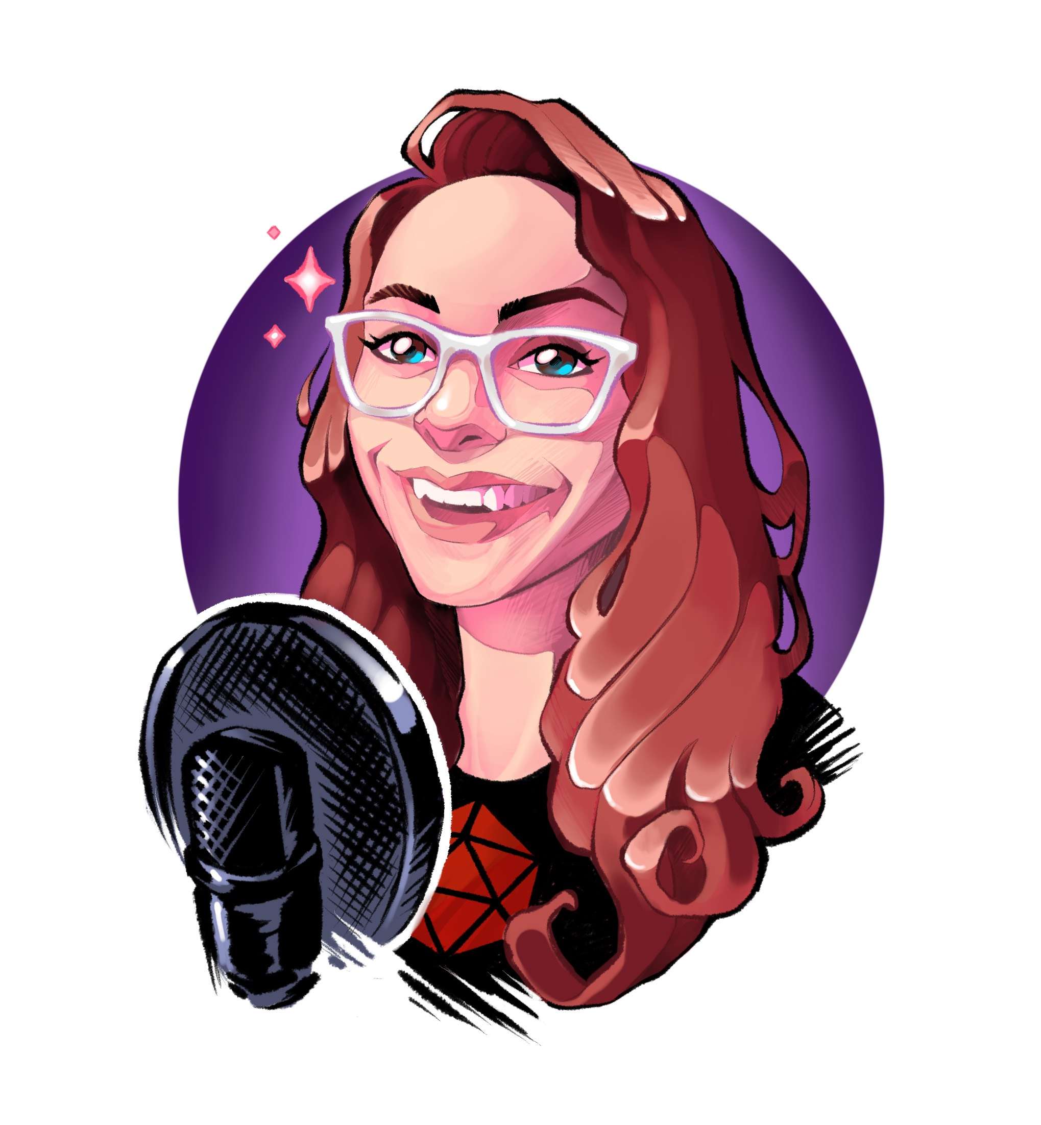 An illustration of the head and shoulders of a white woman with shoulder-length, reddish-brown, wavy hair. She has white glasses, snaggleteeth, and a black shirt with a red d20 on it. A microphone with a pop filter in the bottom-left corner.
