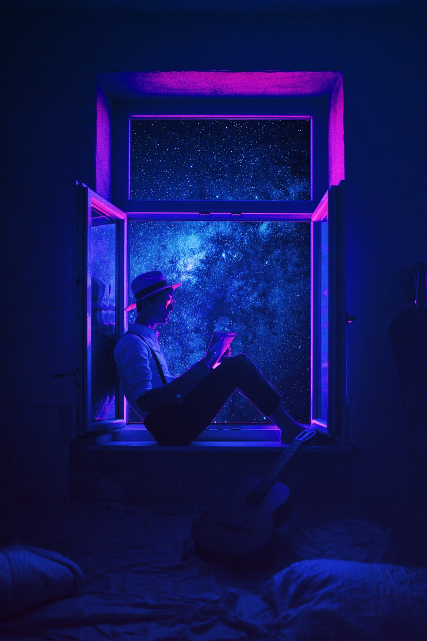 An androgynous person sits in an open window. They are wearing a white shirt, black suspenders, a light hat with a stripe above the brim, and glasses. They are balancing papers against their knees, which they are reading. The open window shows a dense starfield beyond. The whole picture is tinted blue, with pink highlights.